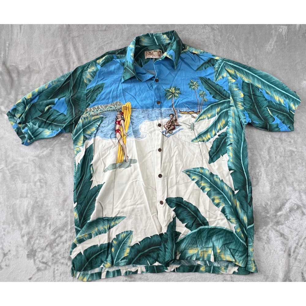 VTG Tori Richard Hawaiian Shirt Mens 2XL Blue Beach Pinup Rayon Aloha 0453 3077